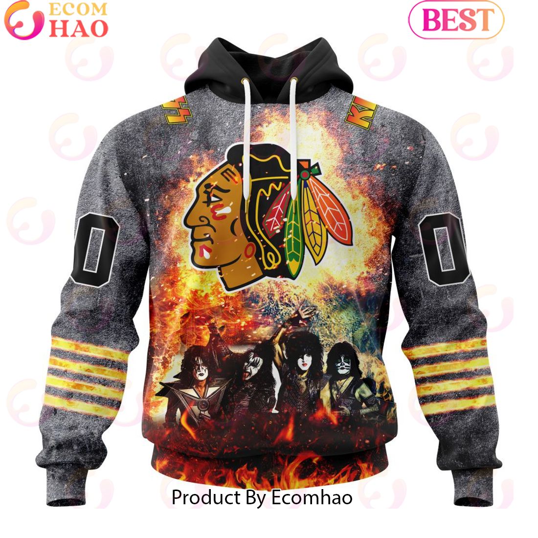 Personalized Chicago Blackhawks Special Mix KISS Band Design 3D Hoodie