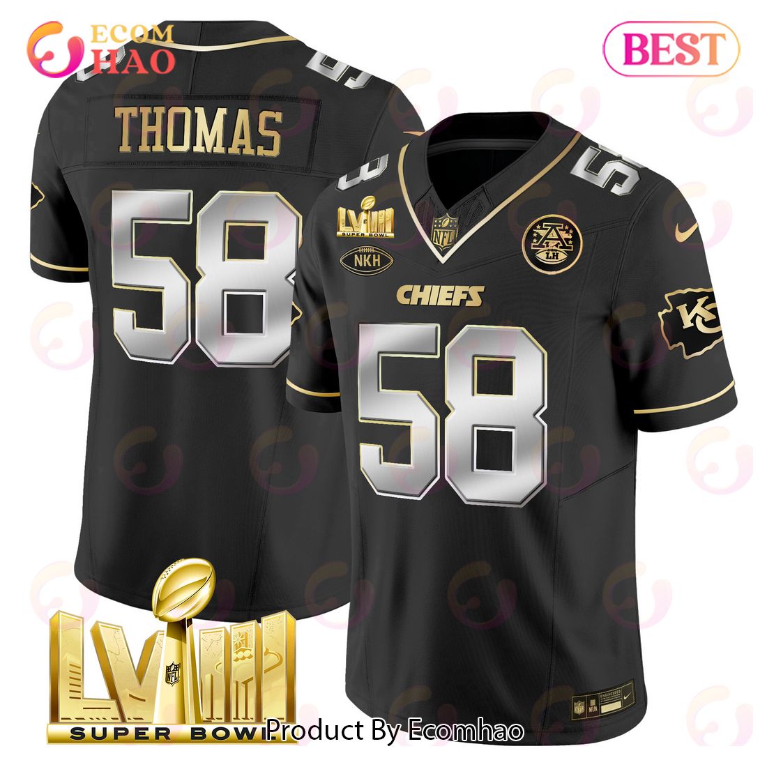 Men’s Kansas City Chiefs Super Bowl LVIII Gold Patch Derrick Thomas Black Limited Football Jersey