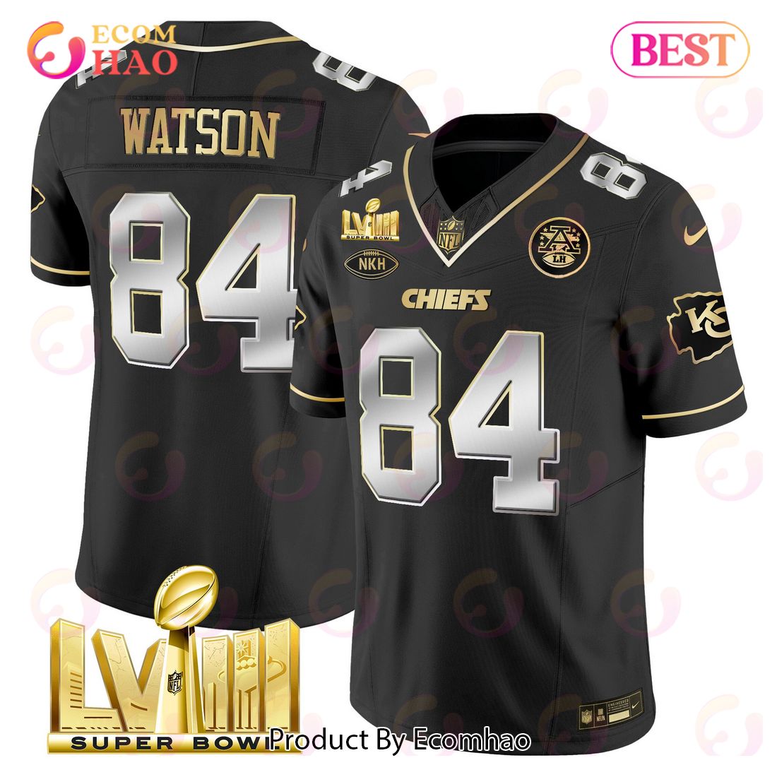 Men’s Kansas City Chiefs Super Bowl LVIII Gold Patch Justin Watson Black Limited Football Jersey