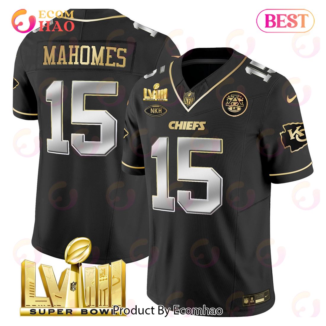 Men’s Kansas City Chiefs Super Bowl LVIII Gold Patch Patrick Mahomes Black Limited Football Jersey