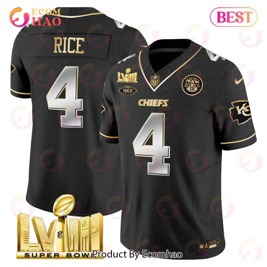 Men’s Kansas City Chiefs Super Bowl LVIII Gold Patch Rashee Rice Black Limited Football Jersey