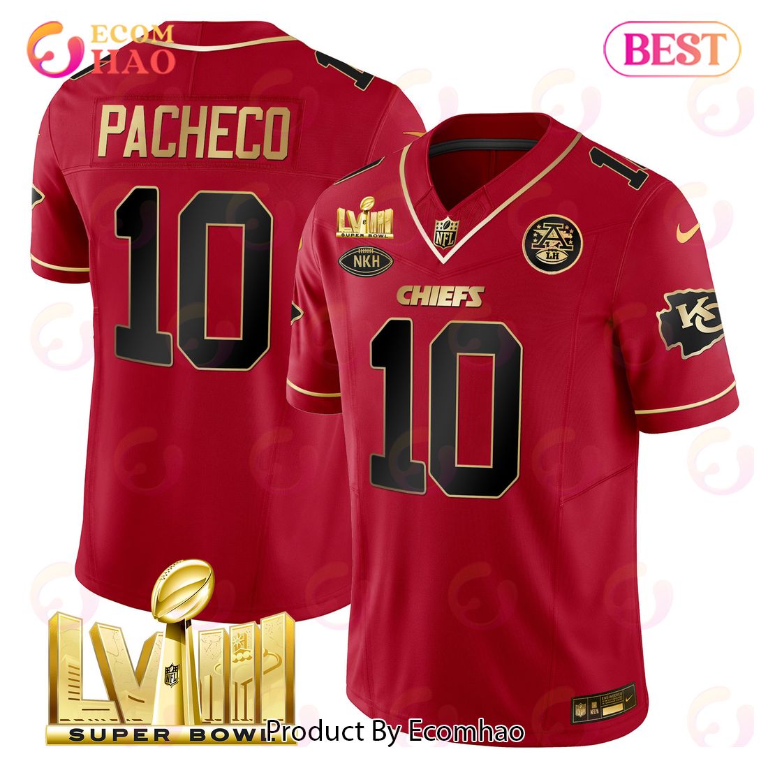 Men’s Kansas City Chiefs Super Bowl LVIII Isiah Pacheco Red Gold Limited Football Jersey