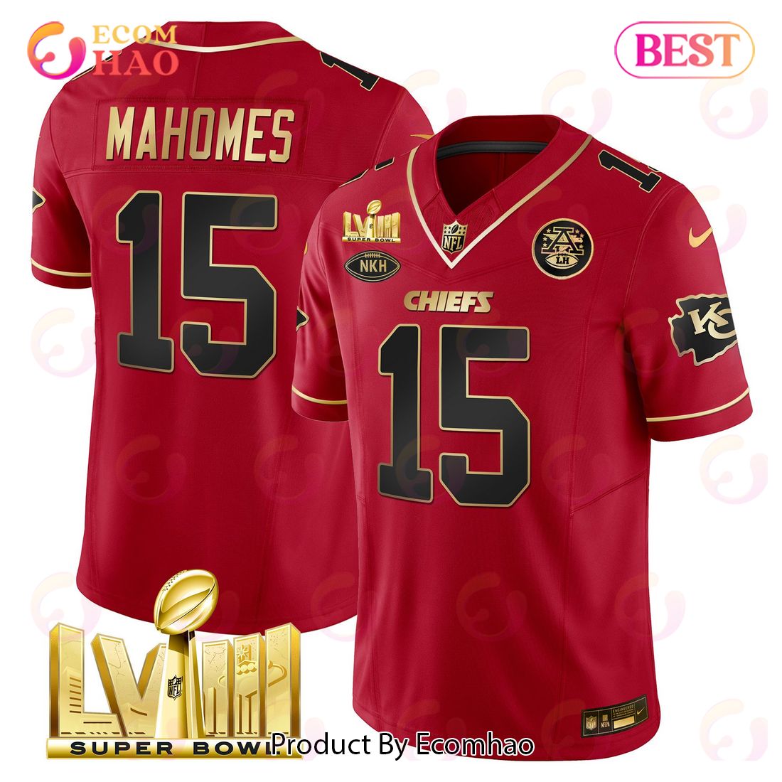 Men’s Kansas City Chiefs Super Bowl LVIII Patrick Mahomes Red Gold Limited Football Jersey