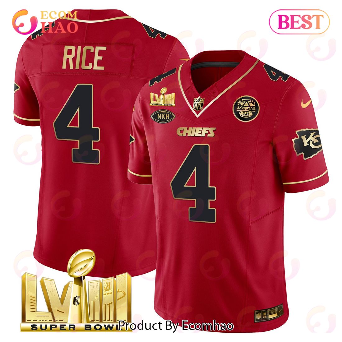 Men’s Kansas City Chiefs Super Bowl LVIII Rashee Rice Red Gold Limited Football Jersey