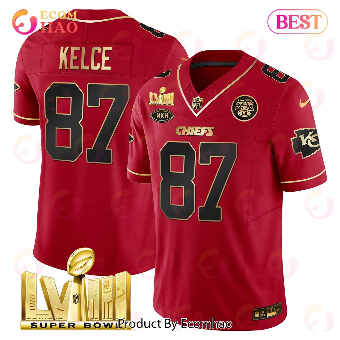 Men’s Kansas City Chiefs Super Bowl LVIII Travis Kelce Red Gold Limited Football Jersey