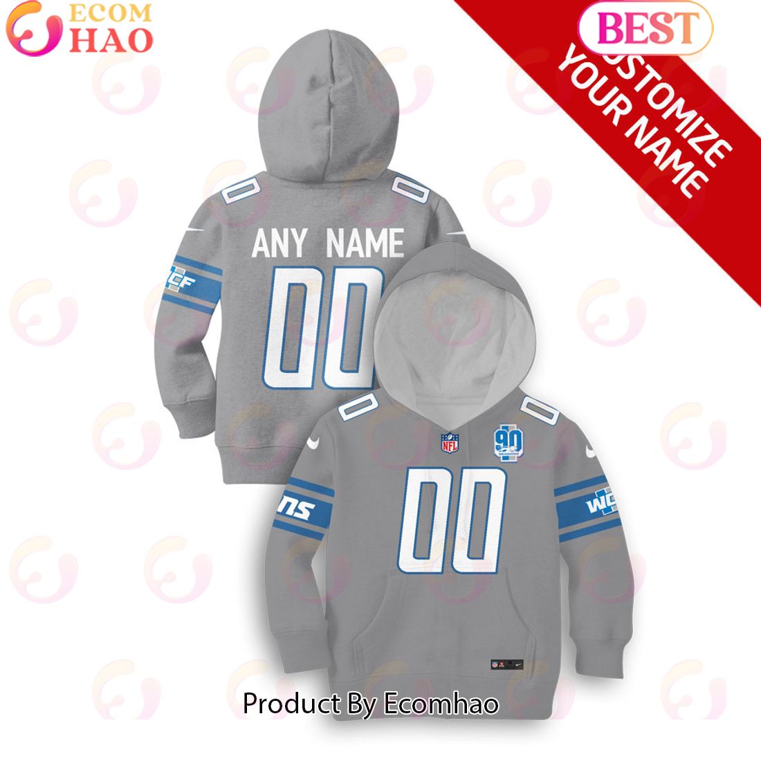 Personalized Name And Number Detroit Lions Hoodie Jersey Kids