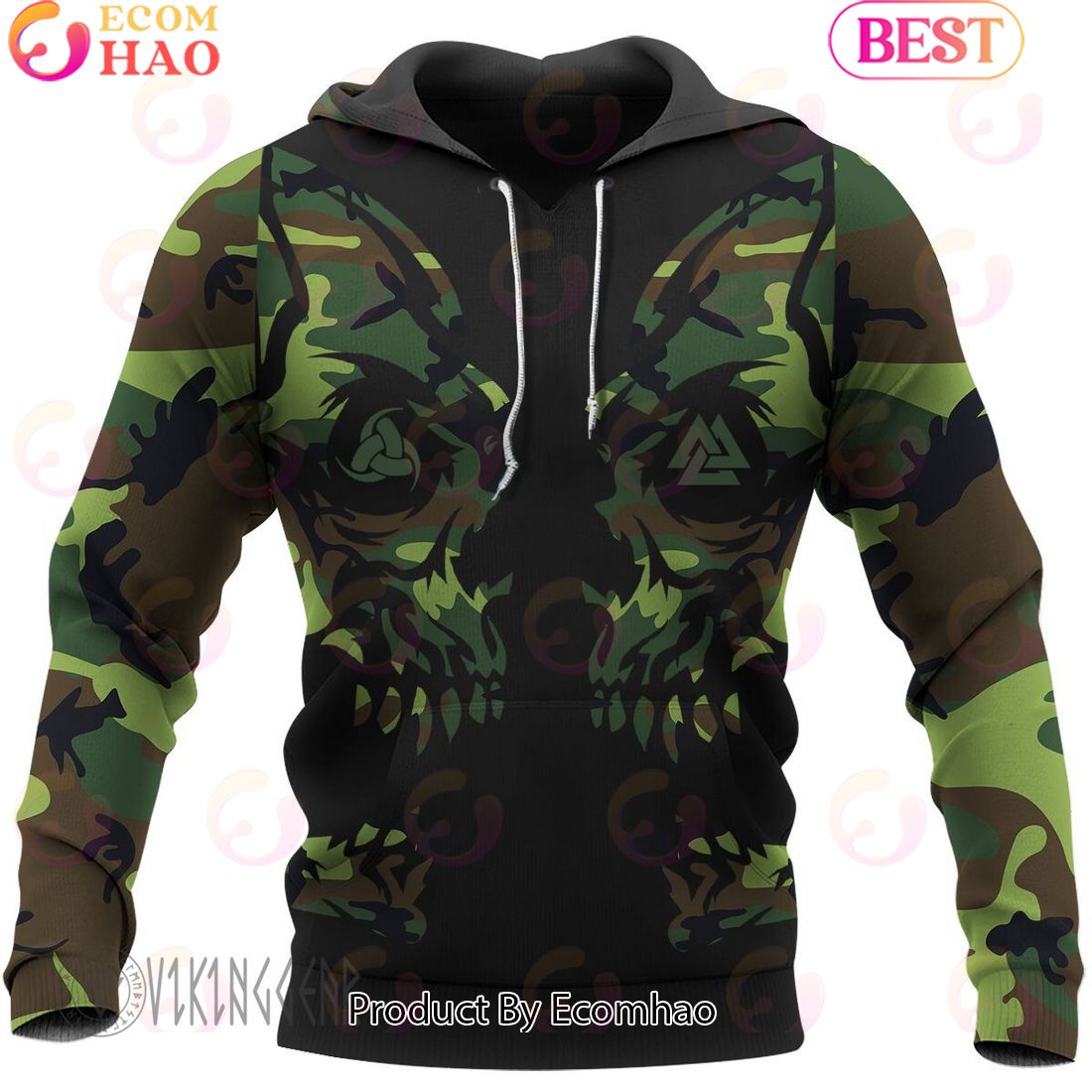 Camouflage Skull Hammer Wolf Viking Hoodie