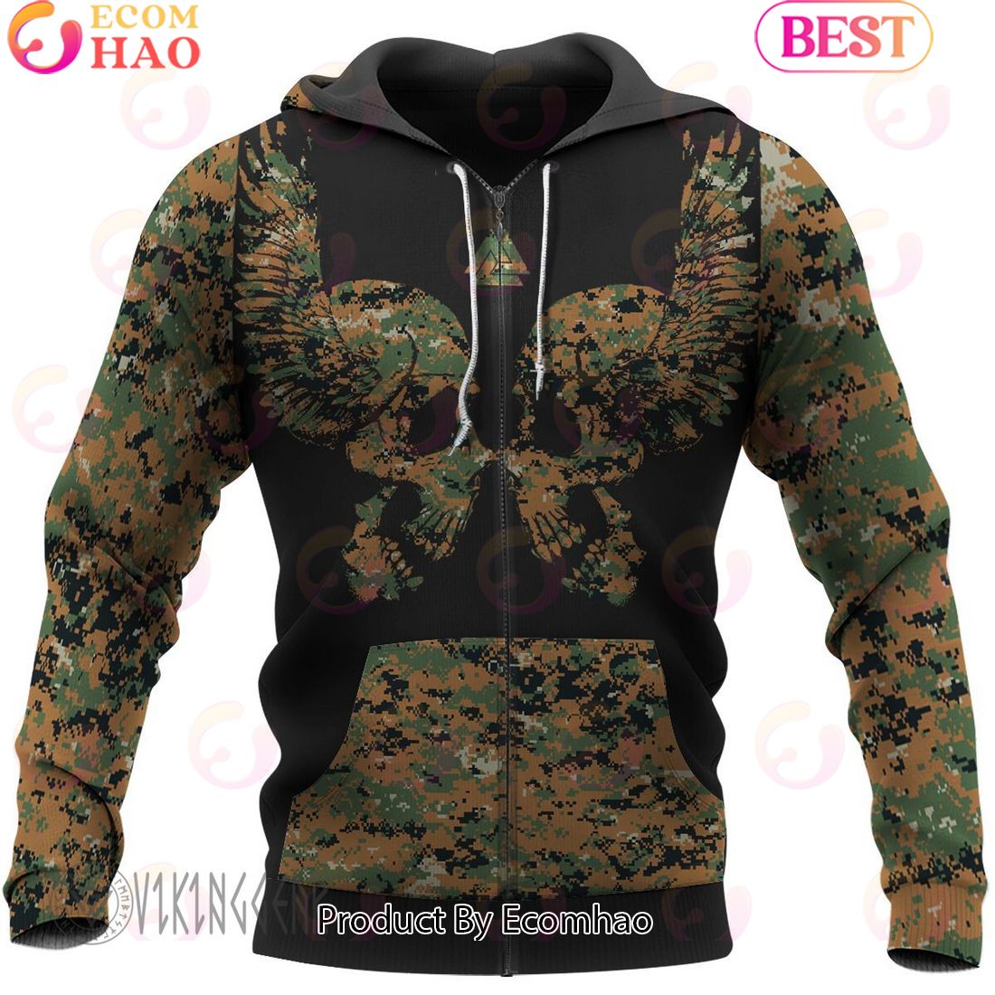 Camouflage Skull Hammer Wolf Viking Hoodie