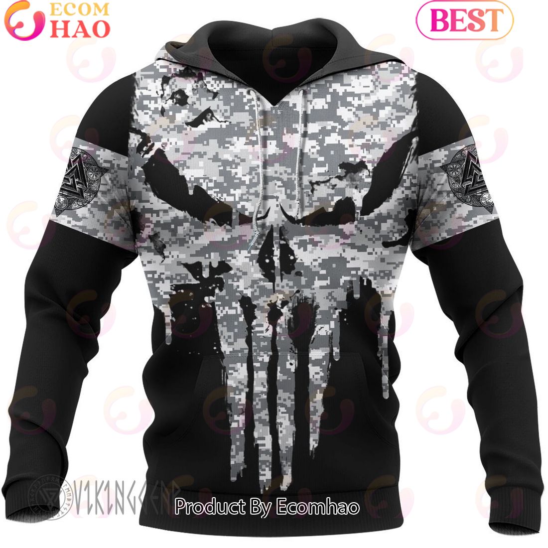 Dripping Skull Camo Viking Hoodie Distressed Style