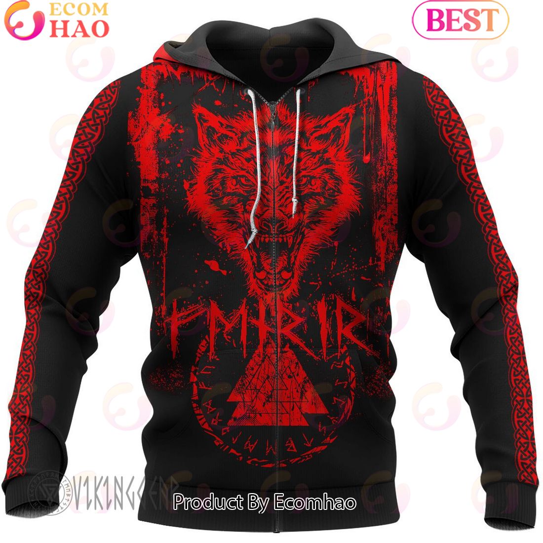 Fenrir Wolf Red Design – Strength and Assertiveness Viking Hoodie