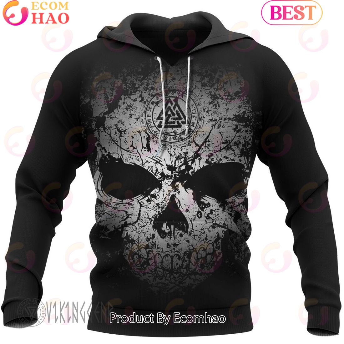 Grunge Skull Valknut Rune Viking Hoodie