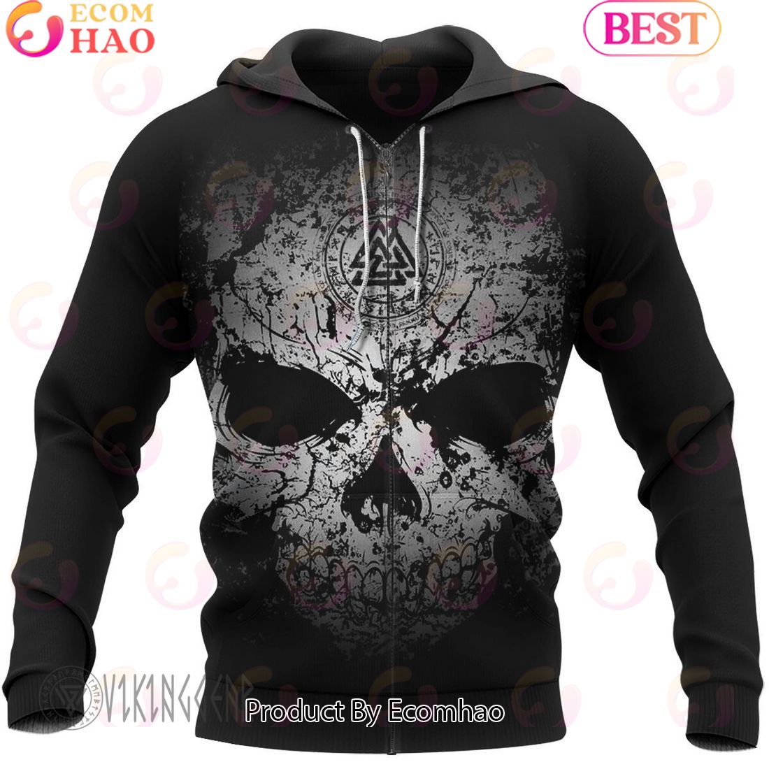 Grunge Skull Valknut Rune Viking Hoodie