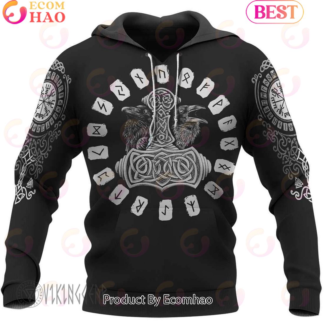 Hammer Raven Rune Viking Hoodie