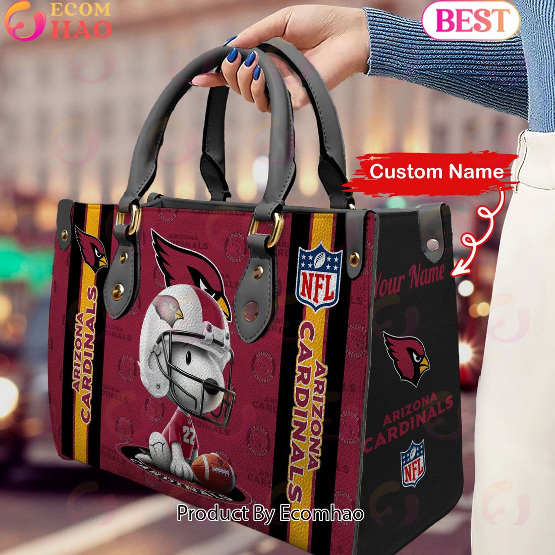 Custom Name NFL Arizona Cardinals Snoopy 3D Women Leather Hand Bag