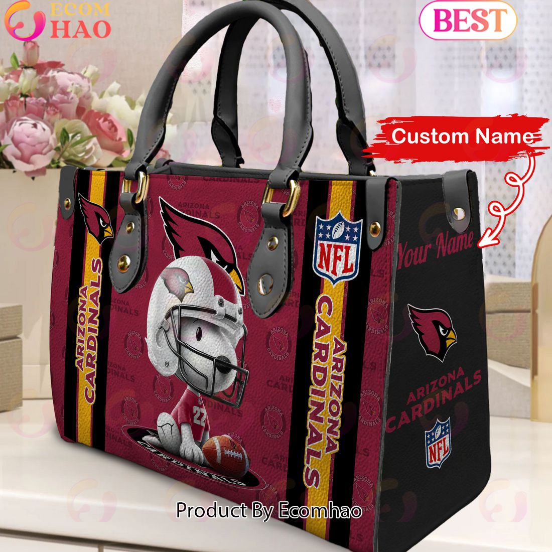 Custom Name NFL Arizona Cardinals Snoopy 3D Women Leather Hand Bag