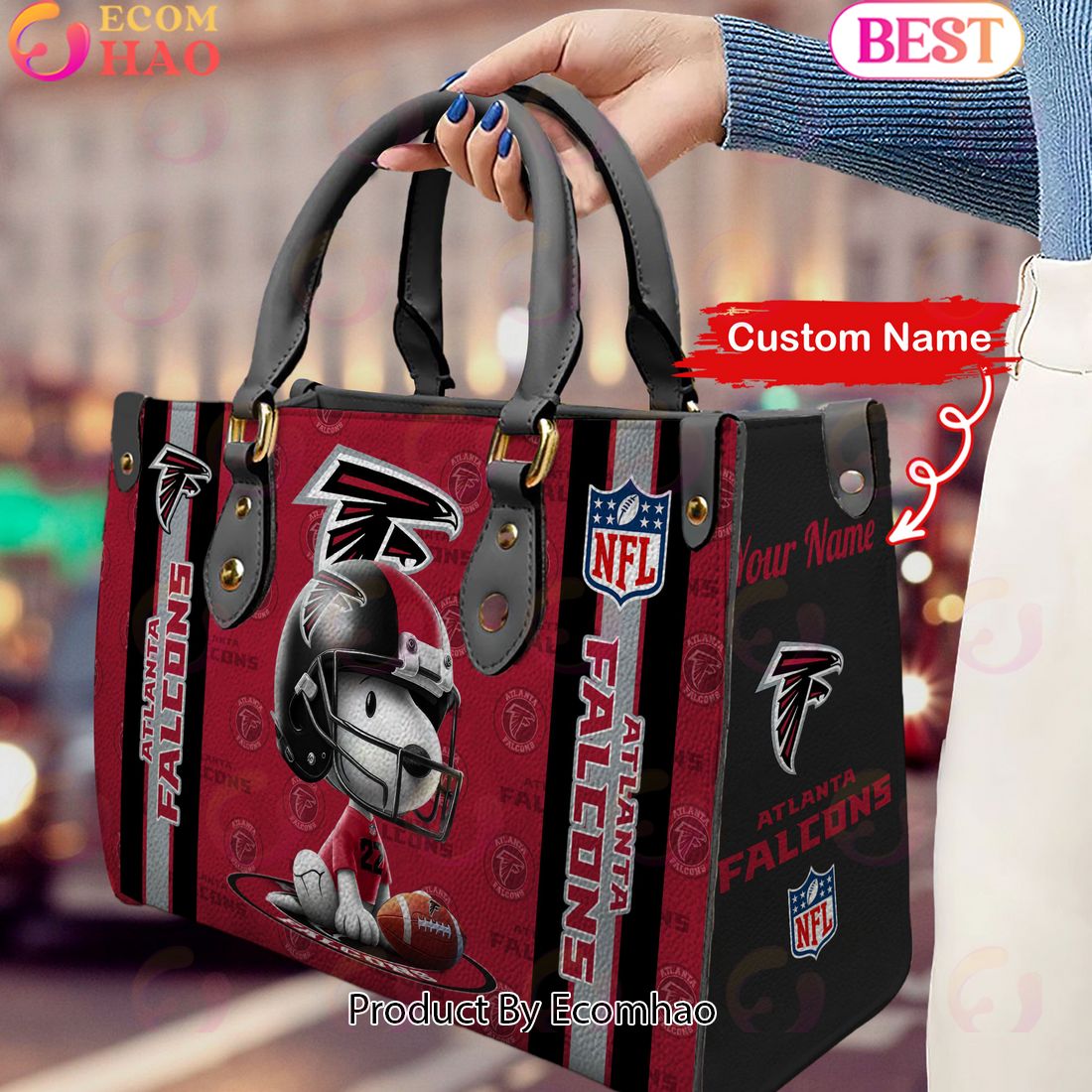 Custom Name NFL Atlanta Falcons Snoopy 3D Women Leather Hand Bag