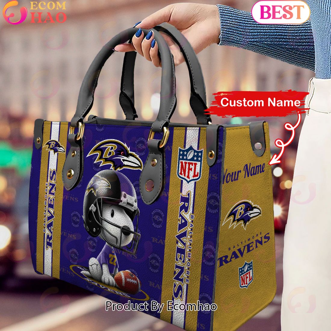 Custom Name NFL Baltimore Ravens Snoopy 3D Women Leather Hand Bag