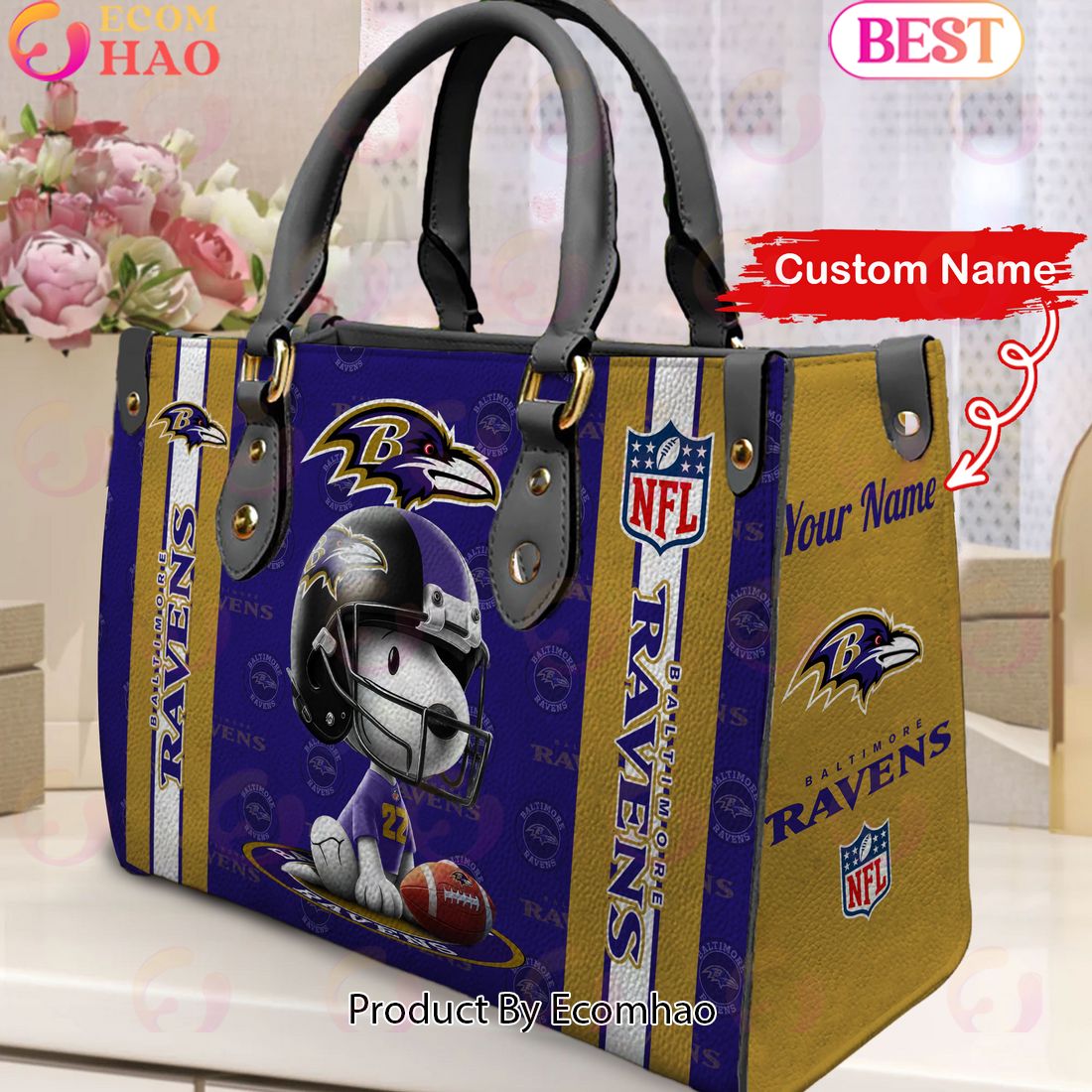 Custom Name NFL Baltimore Ravens Snoopy 3D Women Leather Hand Bag