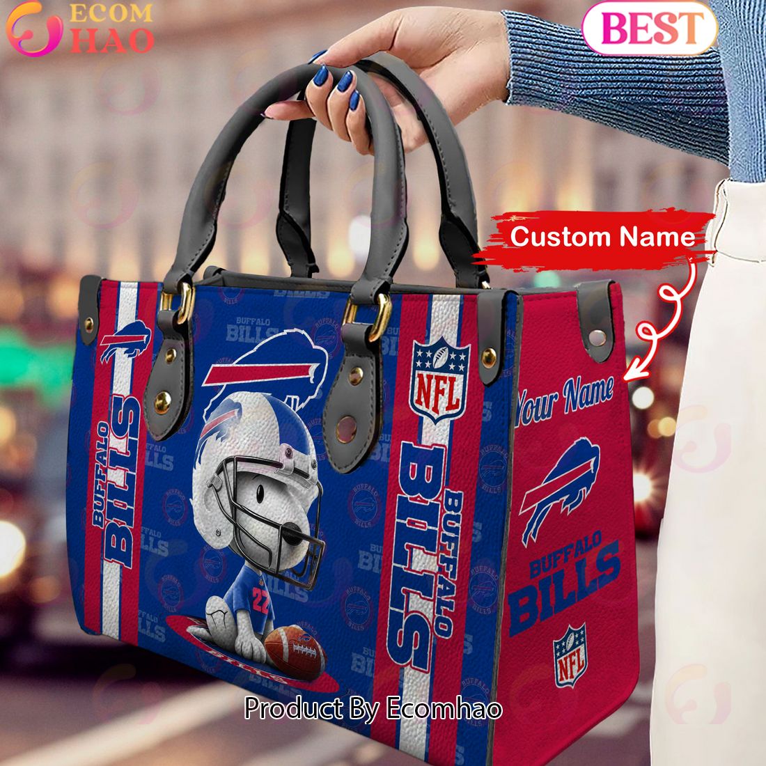 Custom Name NFL Buffalo Bills Snoopy 3D Women Leather Hand Bag