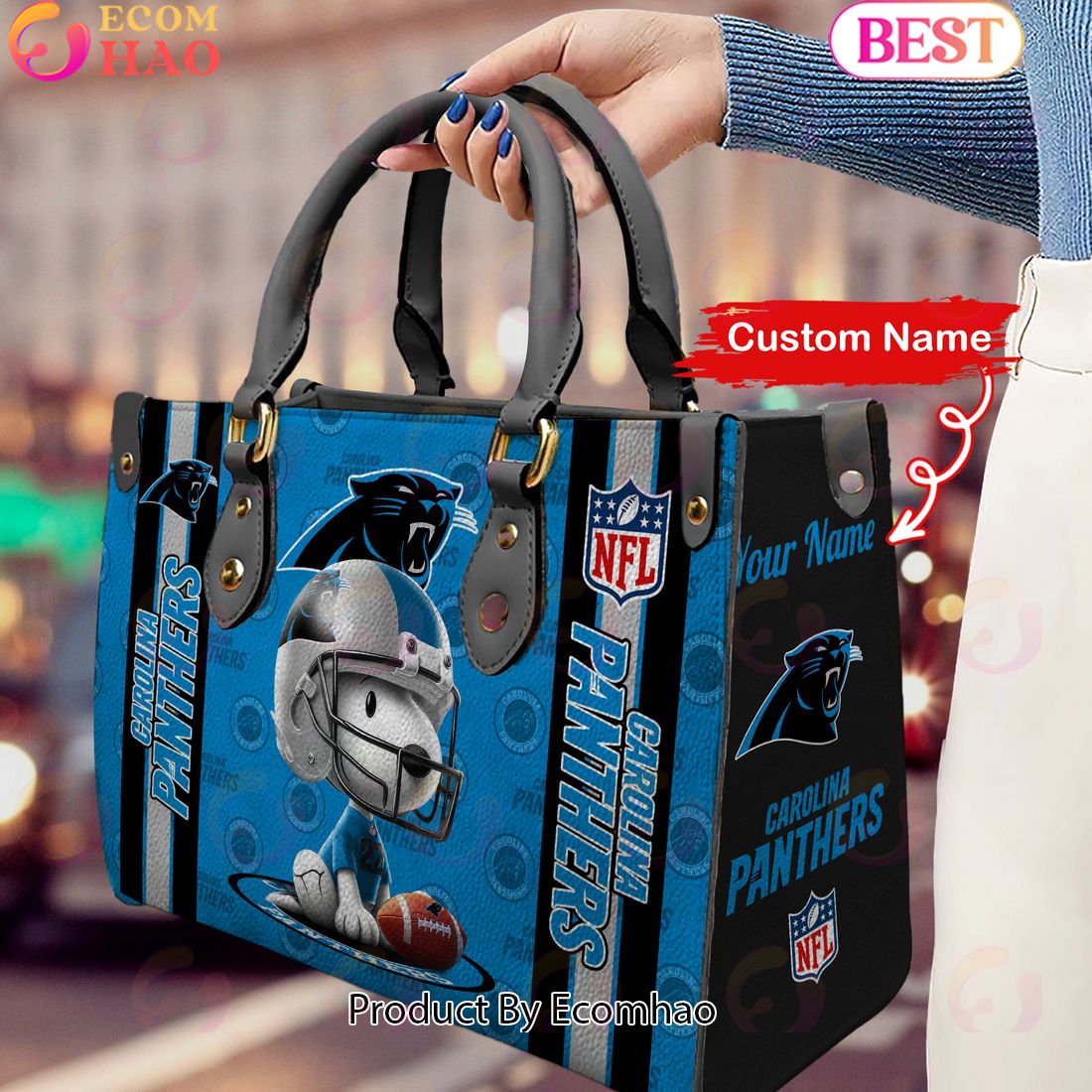 Custom Name NFL Carolina Panthers Snoopy 3D Women Leather Hand Bag