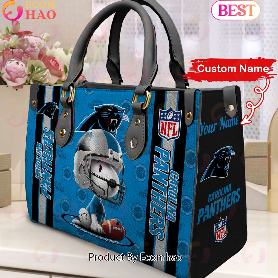 Custom Name NFL Carolina Panthers Snoopy 3D Women Leather Hand Bag