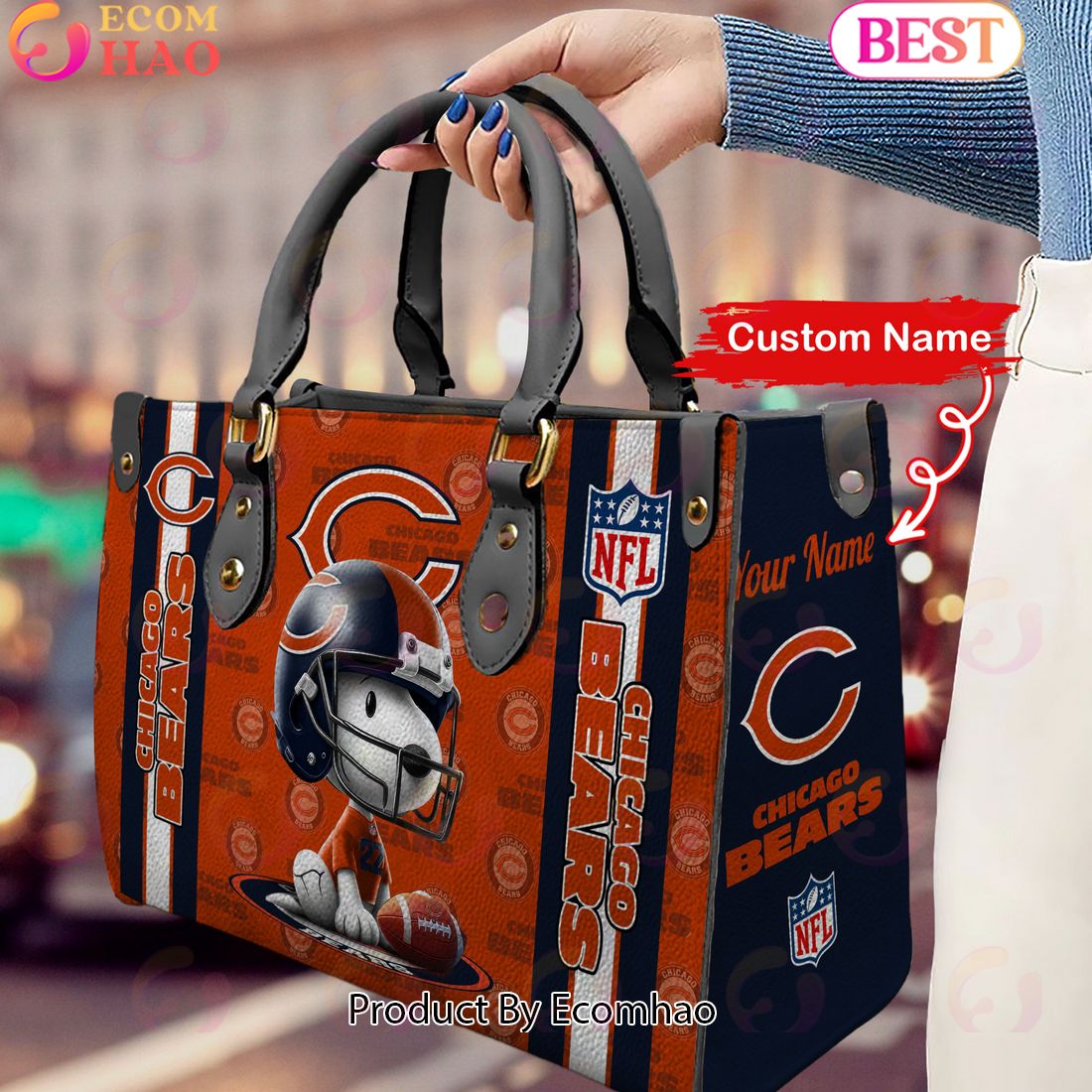 Custom Name NFL Chicago Bears Snoopy 3D Women Leather Hand Bag