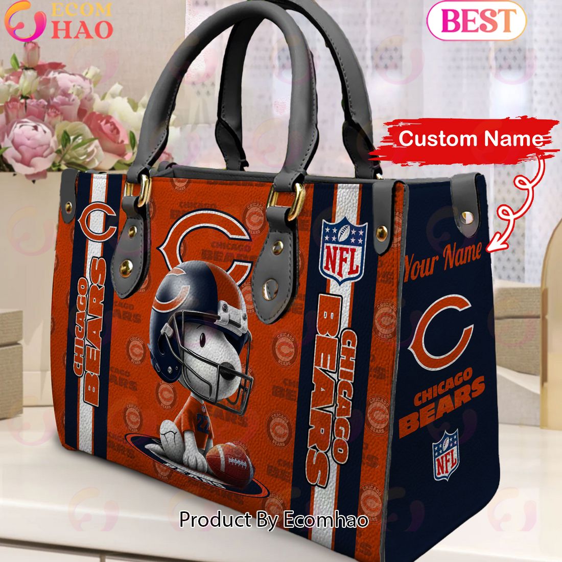 Custom Name NFL Chicago Bears Snoopy 3D Women Leather Hand Bag