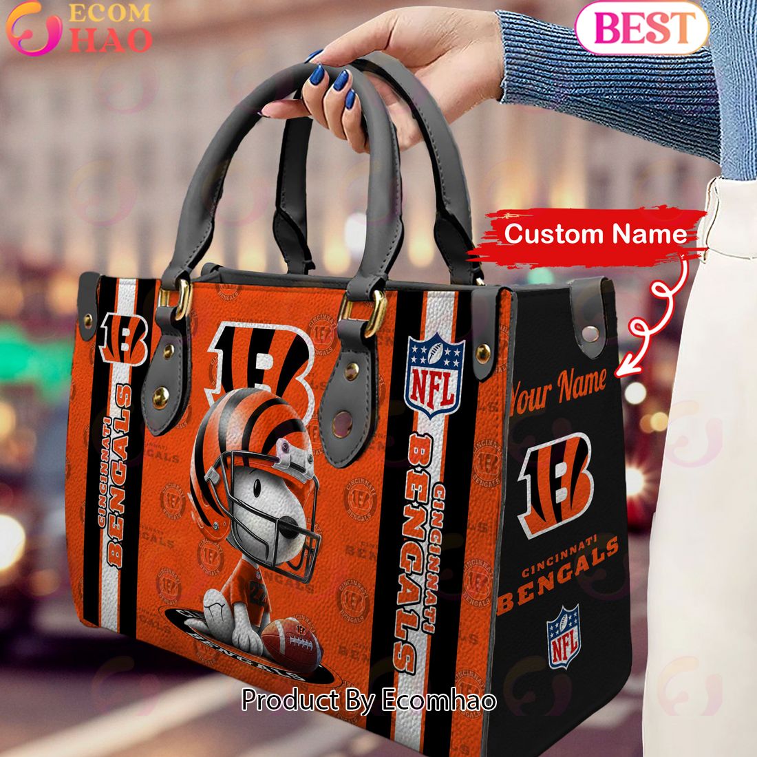 Custom Name NFL Cincinnati Bengals Snoopy 3D Women Leather Hand Bag