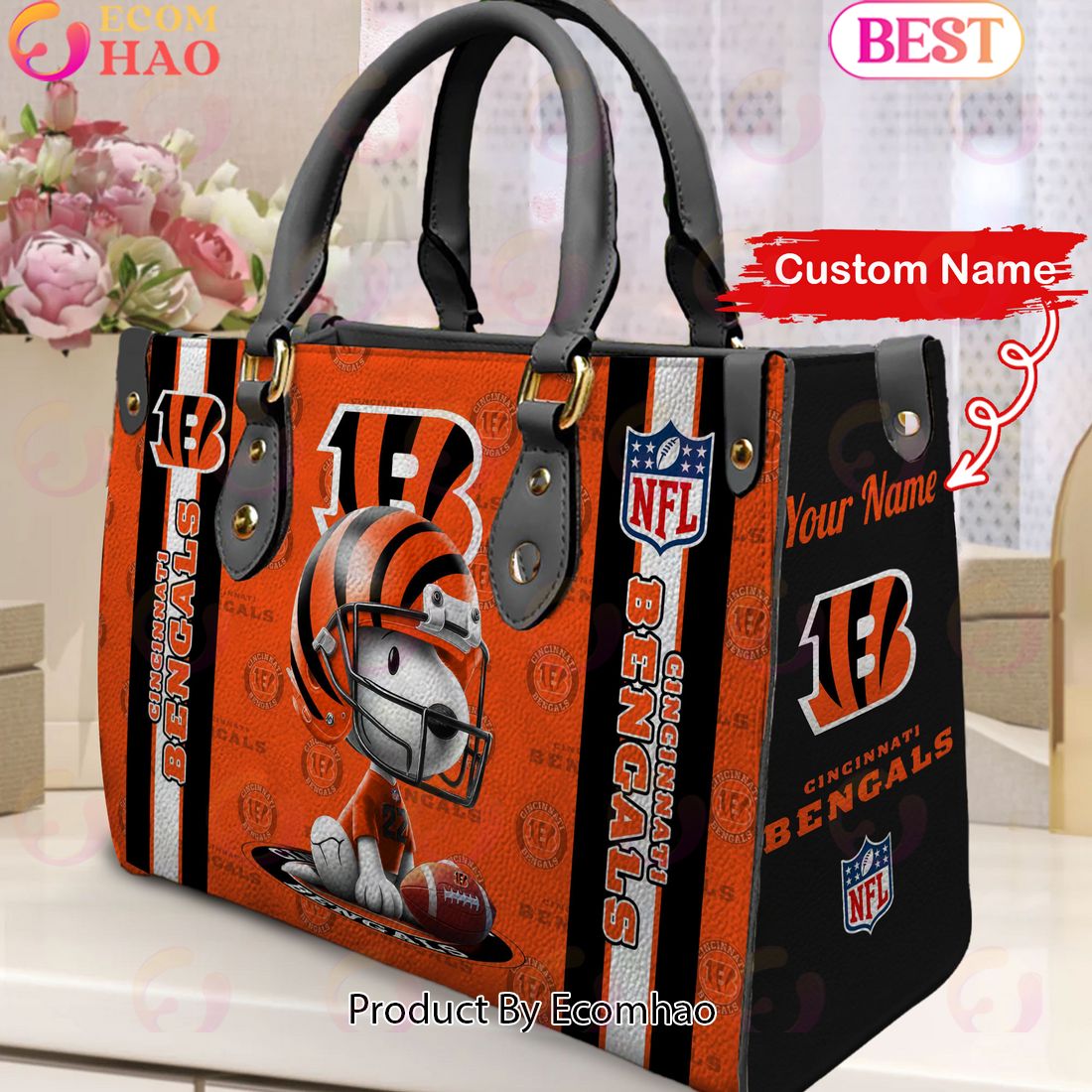 Custom Name NFL Cincinnati Bengals Snoopy 3D Women Leather Hand Bag