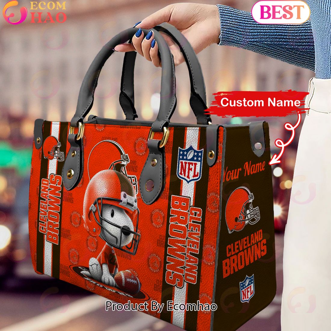 Custom Name NFL Cleveland Browns Snoopy 3D Women Leather Hand Bag