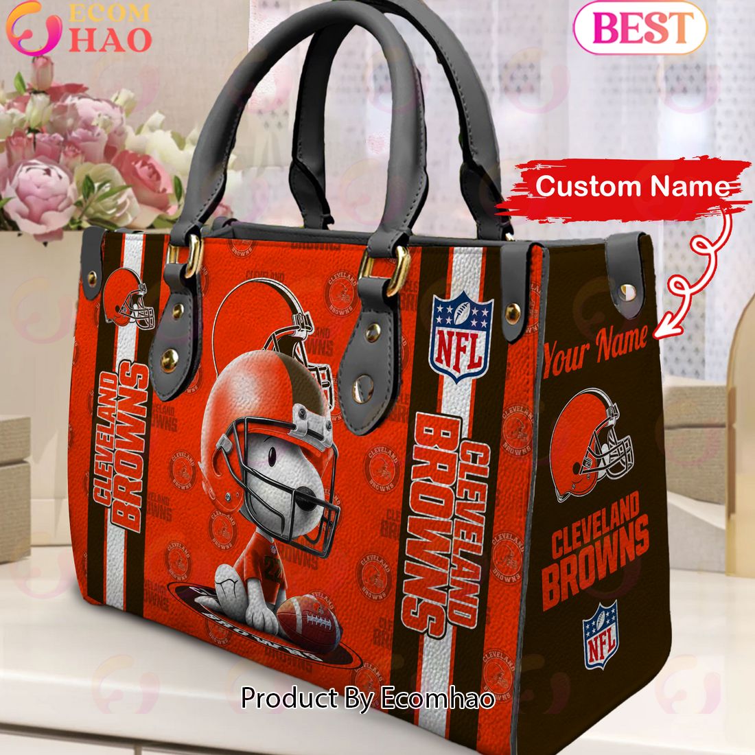 Custom Name NFL Cleveland Browns Snoopy 3D Women Leather Hand Bag