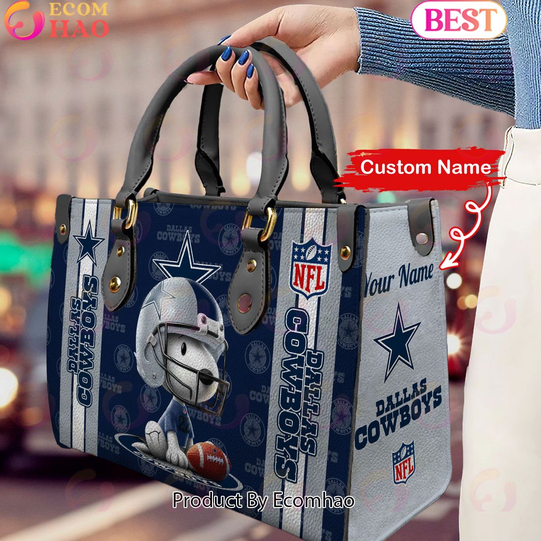 Custom Name NFL Dallas Cowboys Snoopy 3D Women Leather Hand Bag