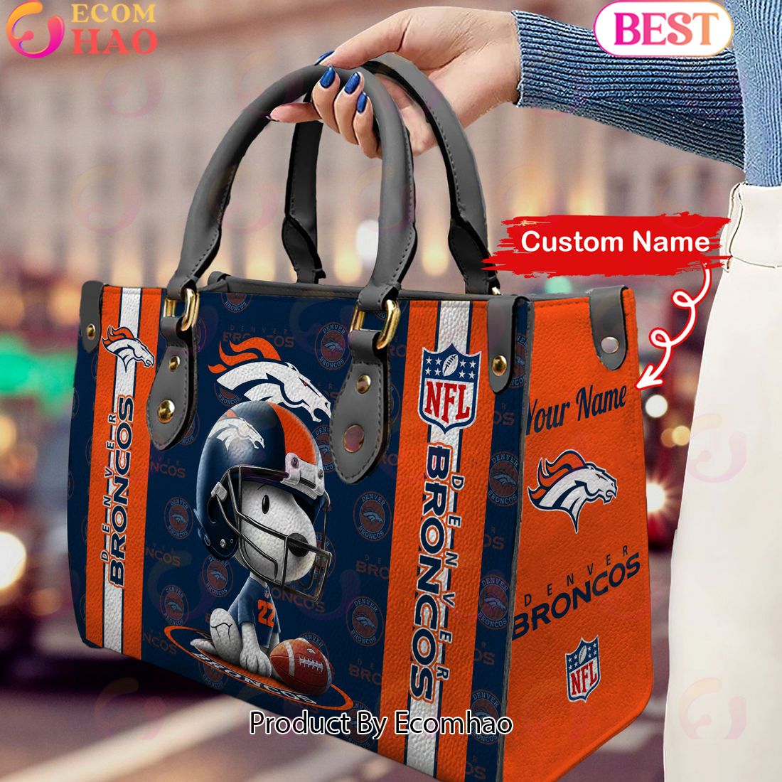 Custom Name NFL Denver Broncos Snoopy 3D Women Leather Hand Bag