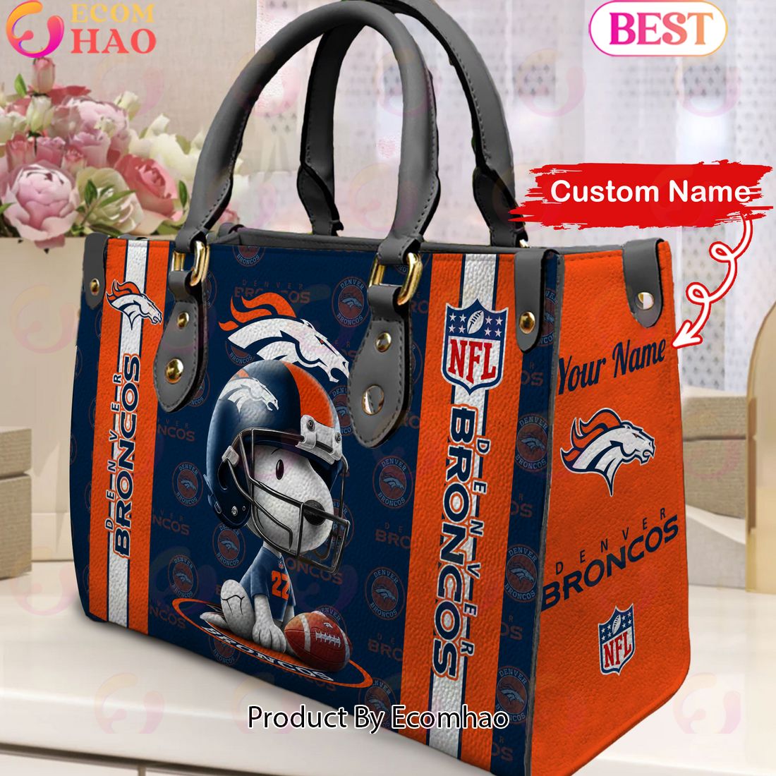 Custom Name NFL Denver Broncos Snoopy 3D Women Leather Hand Bag