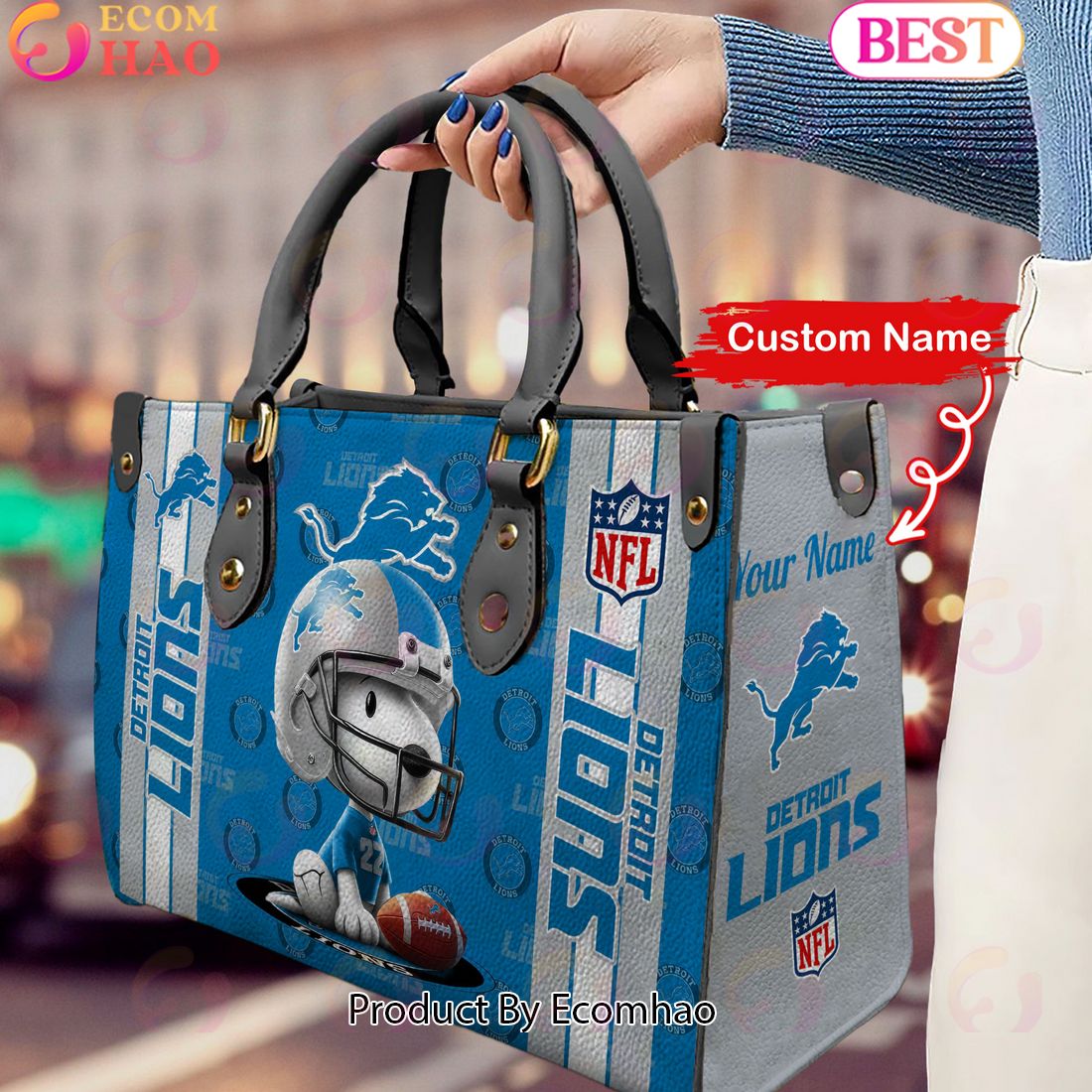 Custom Name NFL Detroit Lions Snoopy 3D Women Leather Hand Bag