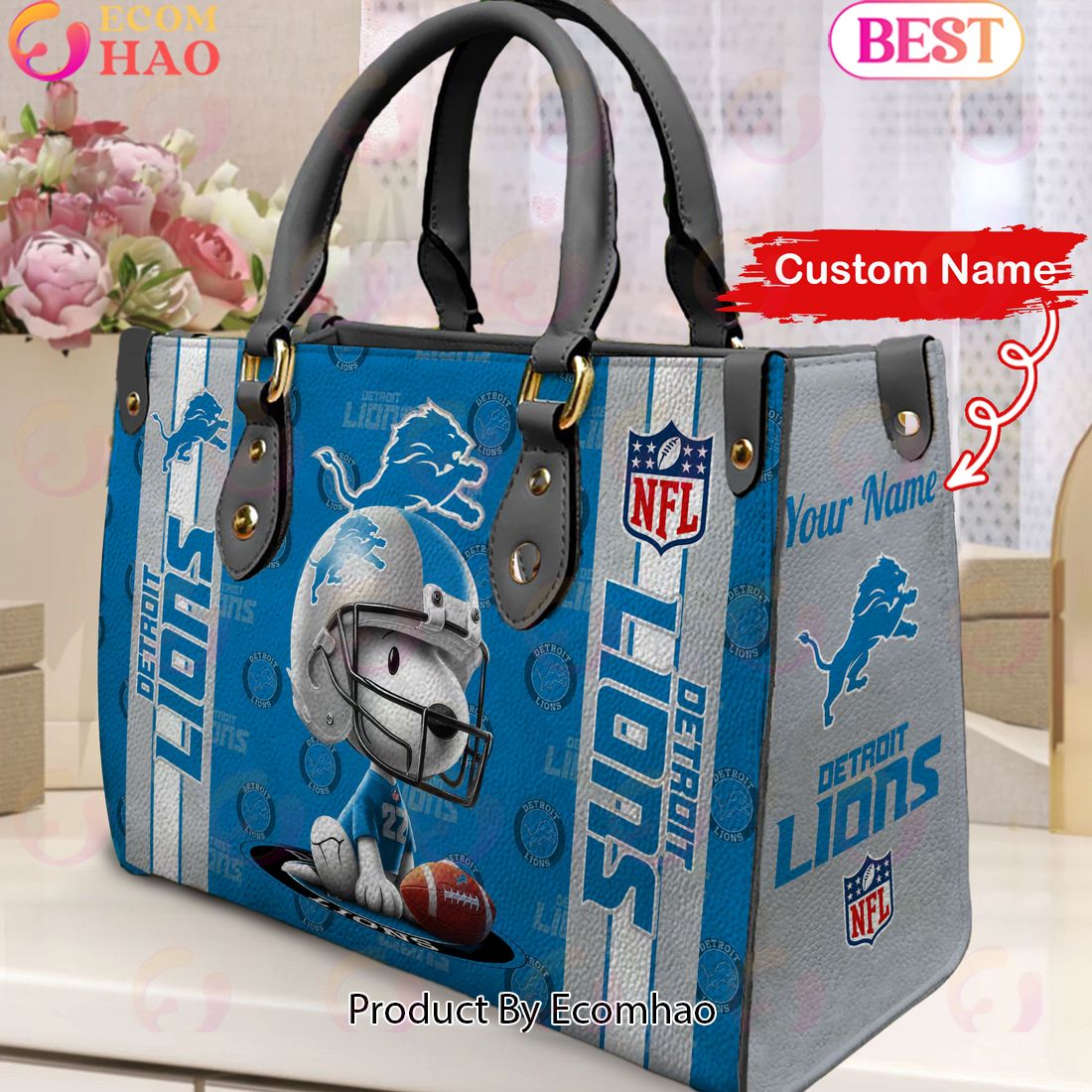 Custom Name NFL Detroit Lions Snoopy 3D Women Leather Hand Bag