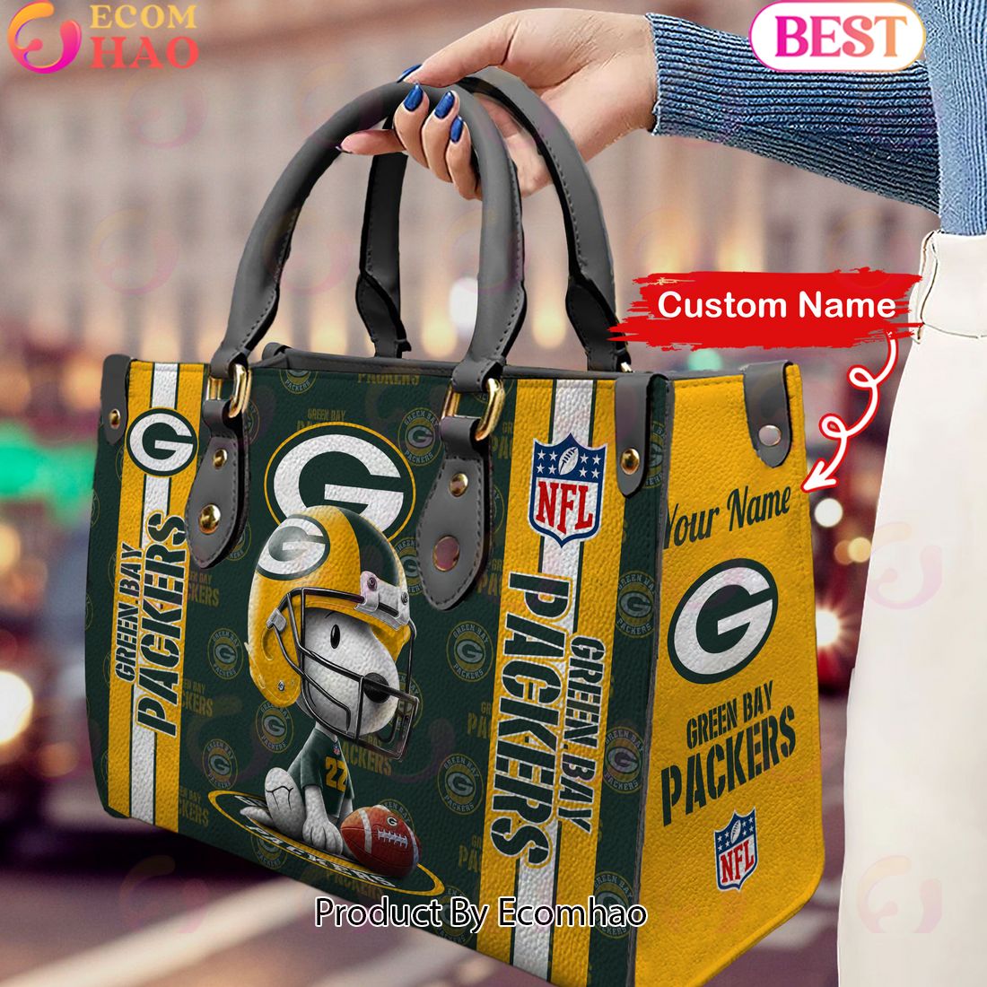 Custom Name NFL Green Bay Packers Snoopy 3D Women Leather Hand Bag