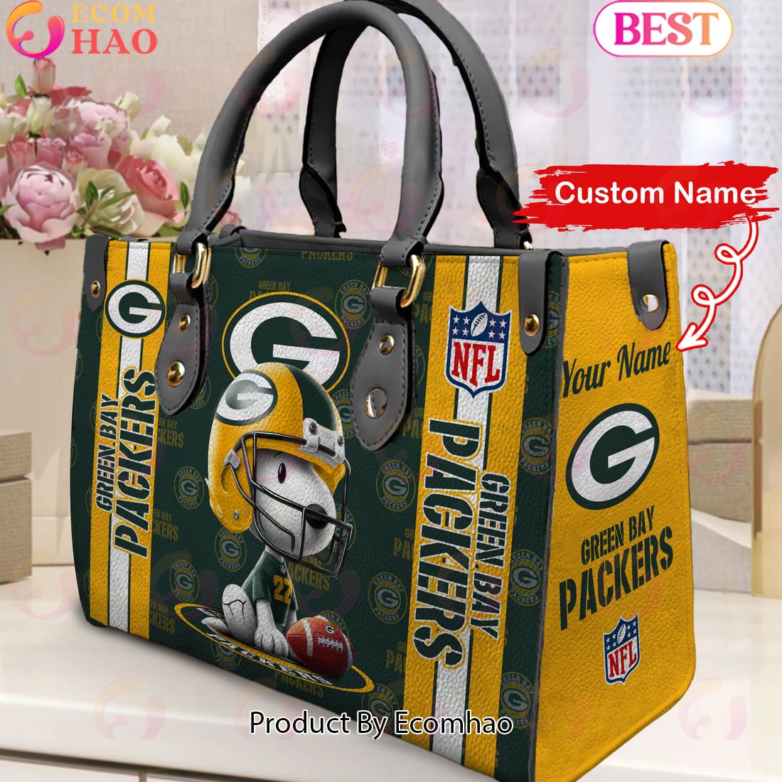 Custom Name NFL Green Bay Packers Snoopy 3D Women Leather Hand Bag