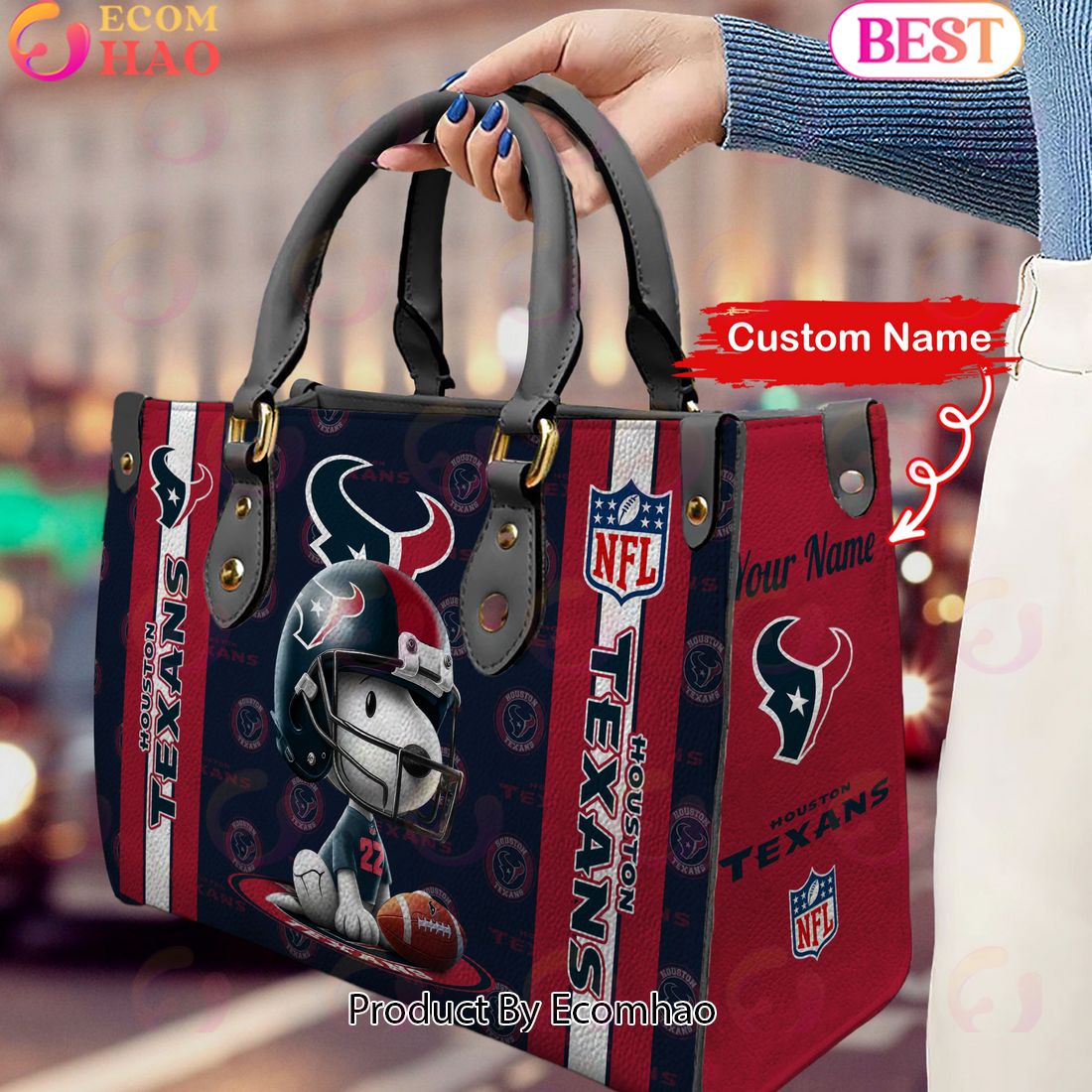 Custom Name NFL Houston Texans Snoopy 3D Women Leather Hand Bag