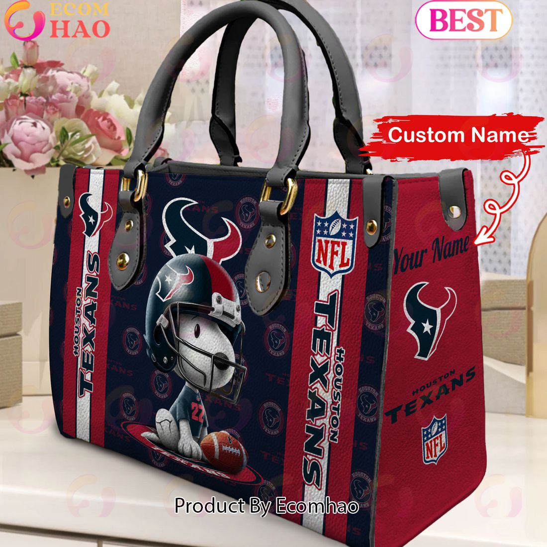 Custom Name NFL Houston Texans Snoopy 3D Women Leather Hand Bag