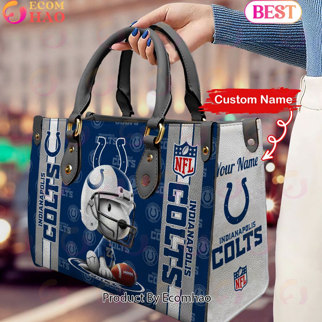 Custom Name NFL Indianapolis Colts Snoopy 3D Women Leather Hand Bag