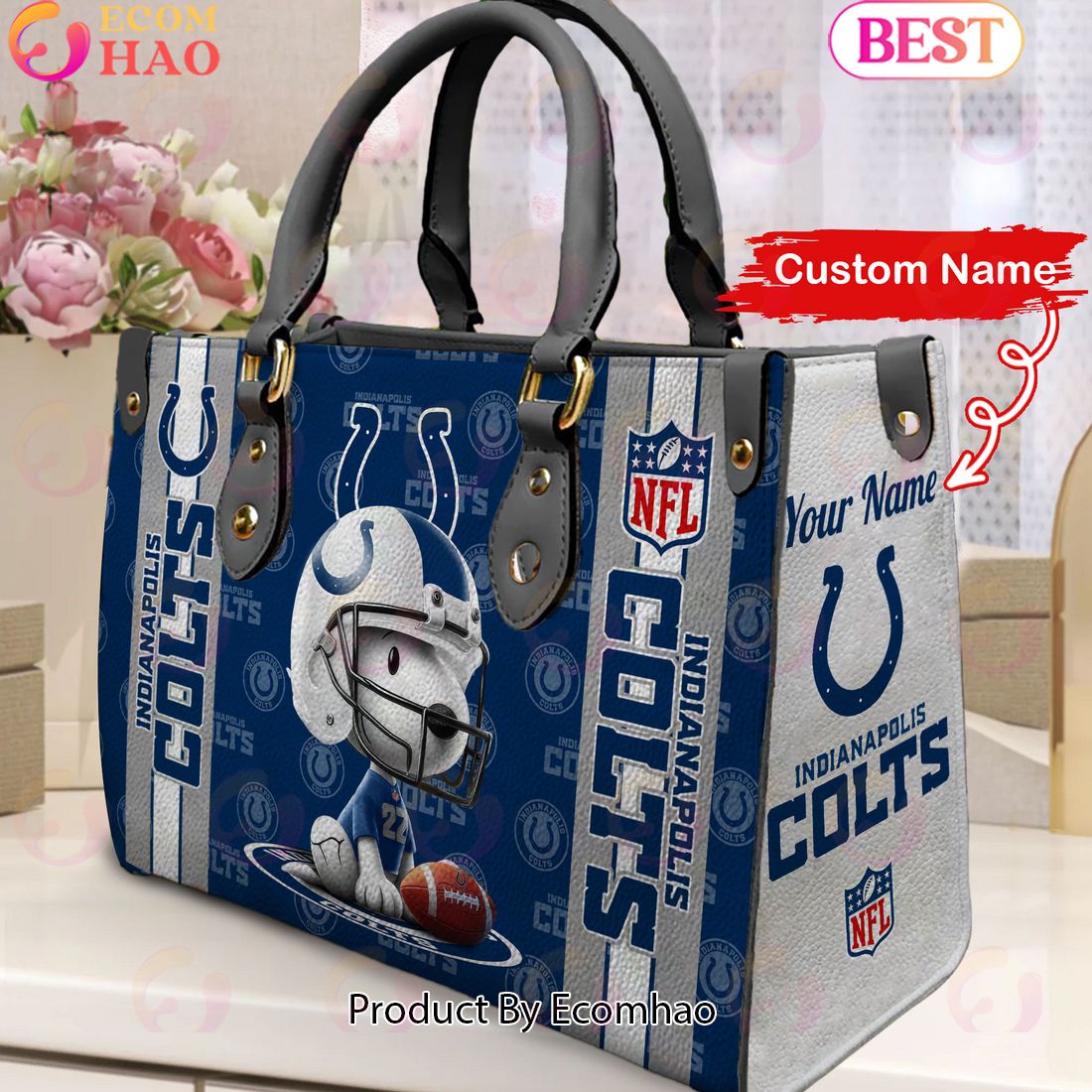 Custom Name NFL Indianapolis Colts Snoopy 3D Women Leather Hand Bag