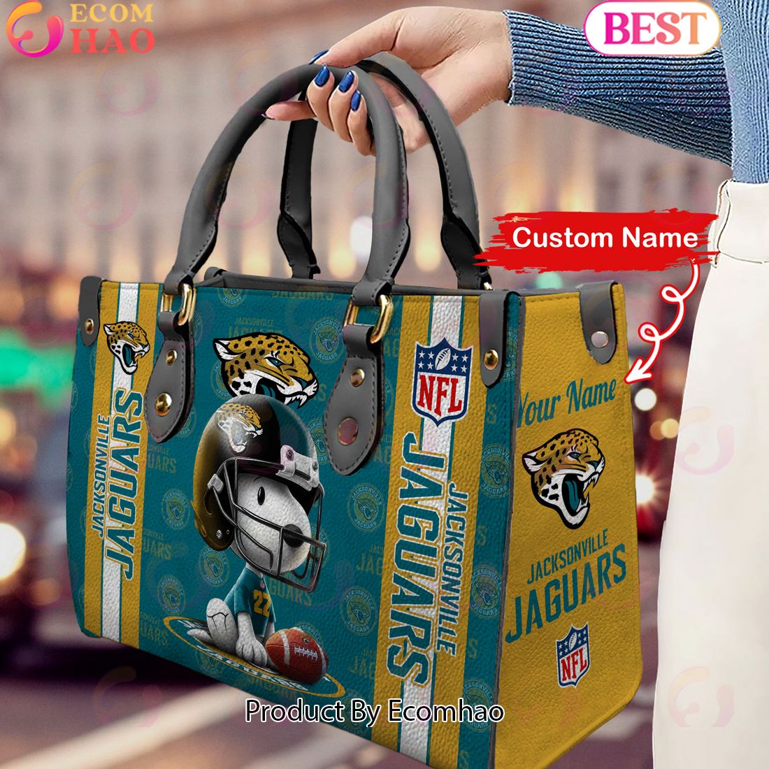 Custom Name NFL Jacksonville Jaguars Snoopy 3D Women Leather Hand Bag