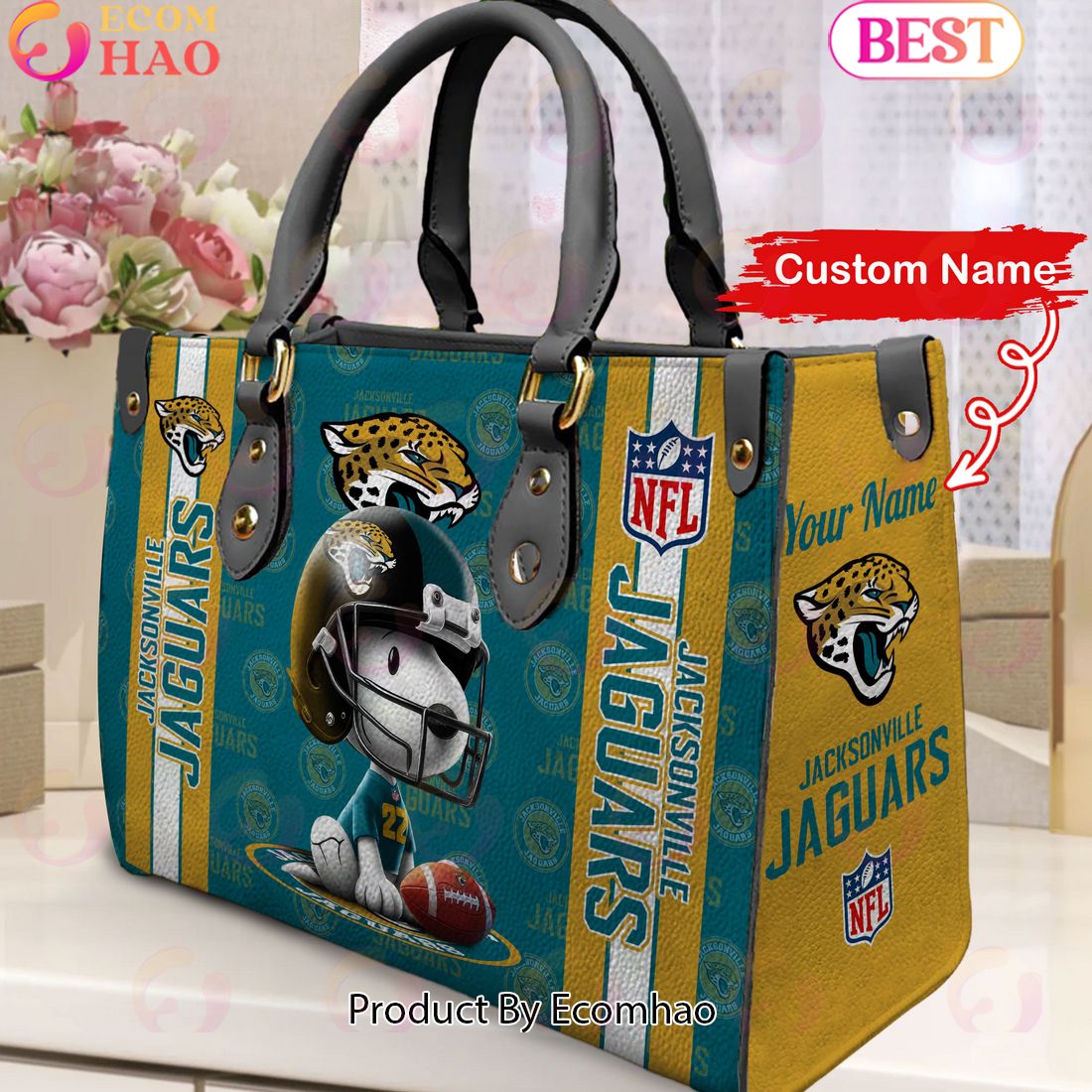 Custom Name NFL Jacksonville Jaguars Snoopy 3D Women Leather Hand Bag