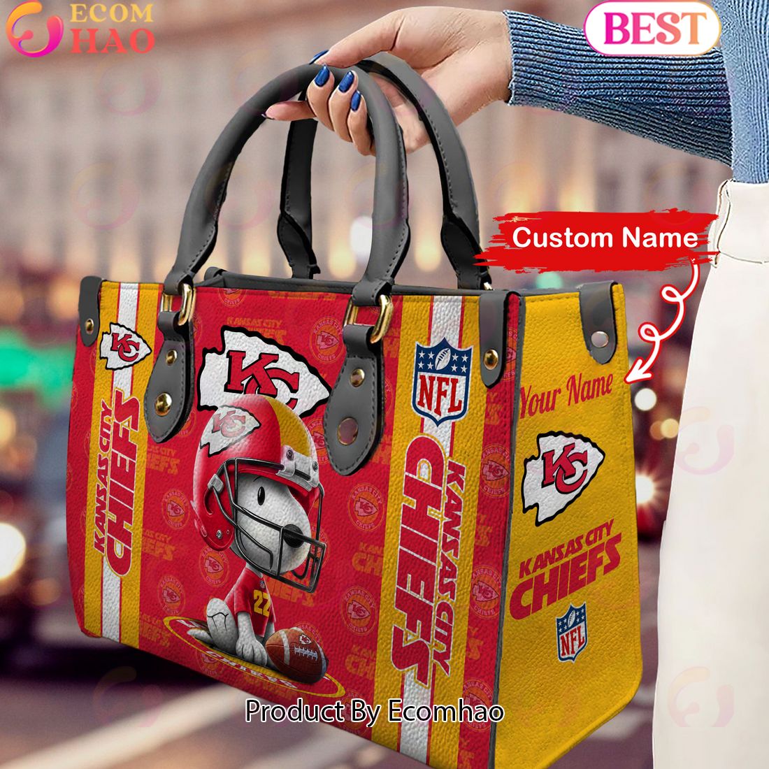 Custom Name NFL Kansas City Chiefs Snoopy 3D Women Leather Hand Bag