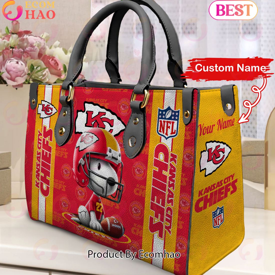 Custom Name NFL Kansas City Chiefs Snoopy 3D Women Leather Hand Bag