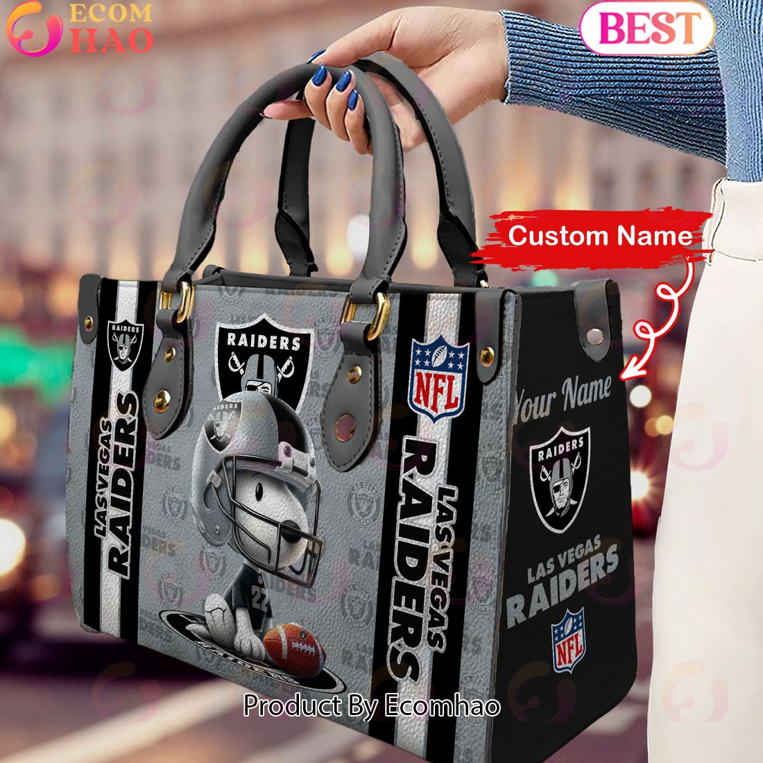 Custom Name NFL Las Vegas Raiders Snoopy 3D Women Leather Hand Bag