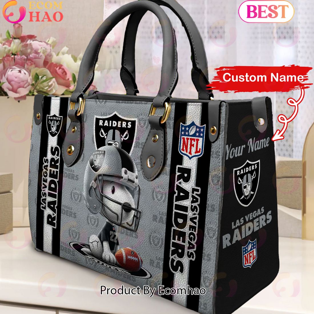 Custom Name NFL Las Vegas Raiders Snoopy 3D Women Leather Hand Bag