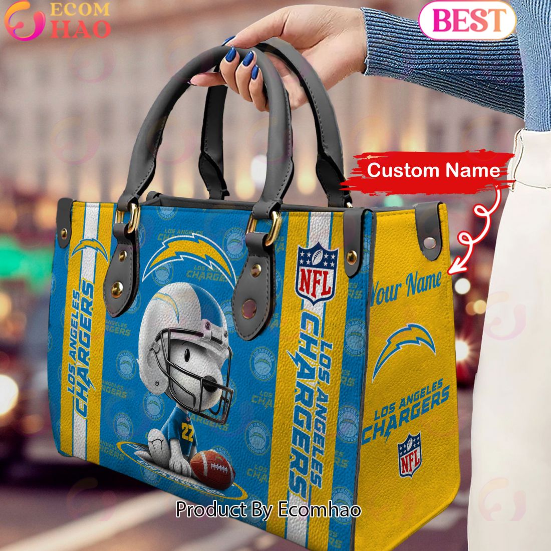 Custom Name NFL Los Angeles Chargers Snoopy 3D Women Leather Hand Bag