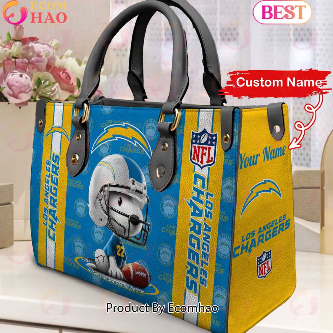 Custom Name NFL Los Angeles Chargers Snoopy 3D Women Leather Hand Bag